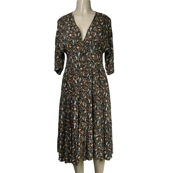 ZARA Button Front XS Paisley Floral Gypsy Boho Whimsigoth Witchy Midi Dress - Picture 1 of 10